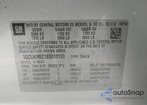 2014 Chevrolet Silverado 1500 1Lt from USA, damaged, VIN 3GCUKREC1EG510153